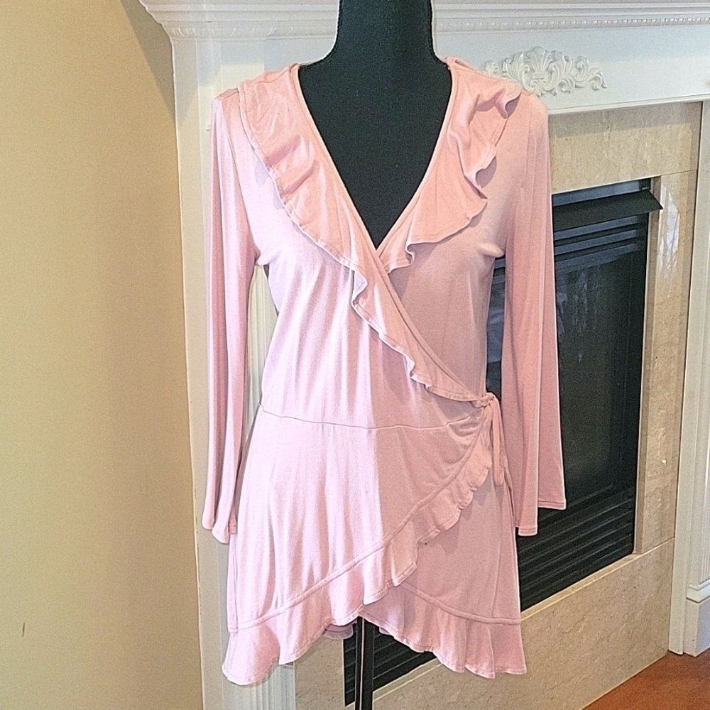LEITH Wrap Shirt Long Romantic Ruffles Dusty Pink sz small
